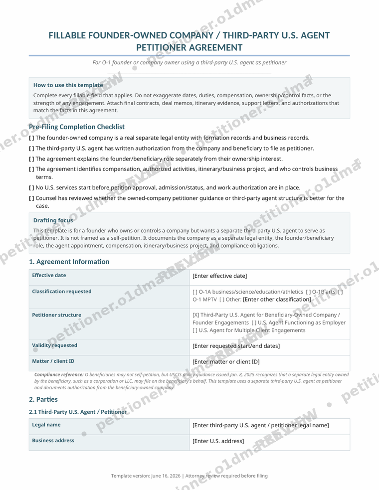 Watermarked first-page preview of the Founder-Owned-Company Third-Party-Agent O-1 Agreement, the founder-focused template in the package